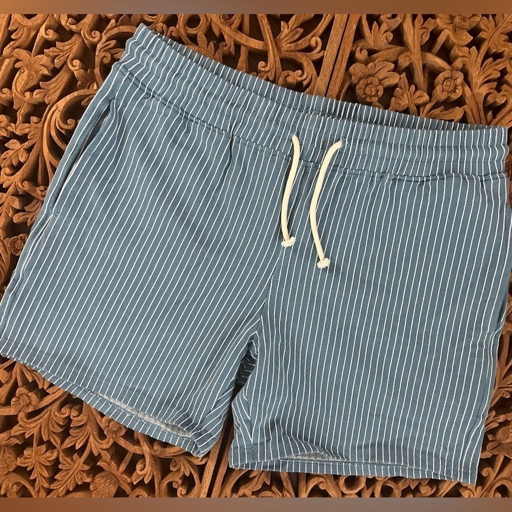 FIROTTI New! Men’s Shorts Sweatknit Athletic Sporty Lt Blue Cream Pinstripe S-M - Picture 4 of 11